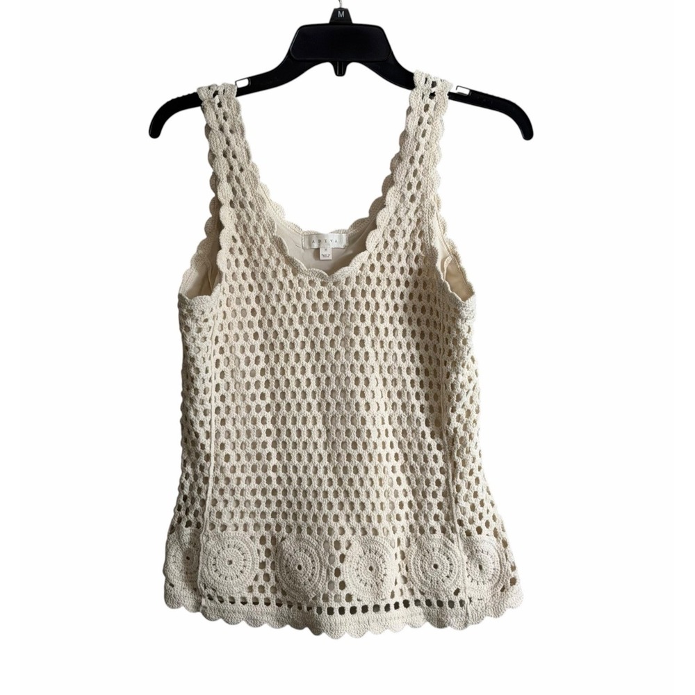 Adiva Med Ivory Crochet Open Knit Tank Top Casual Boho Festival Cottage 70's